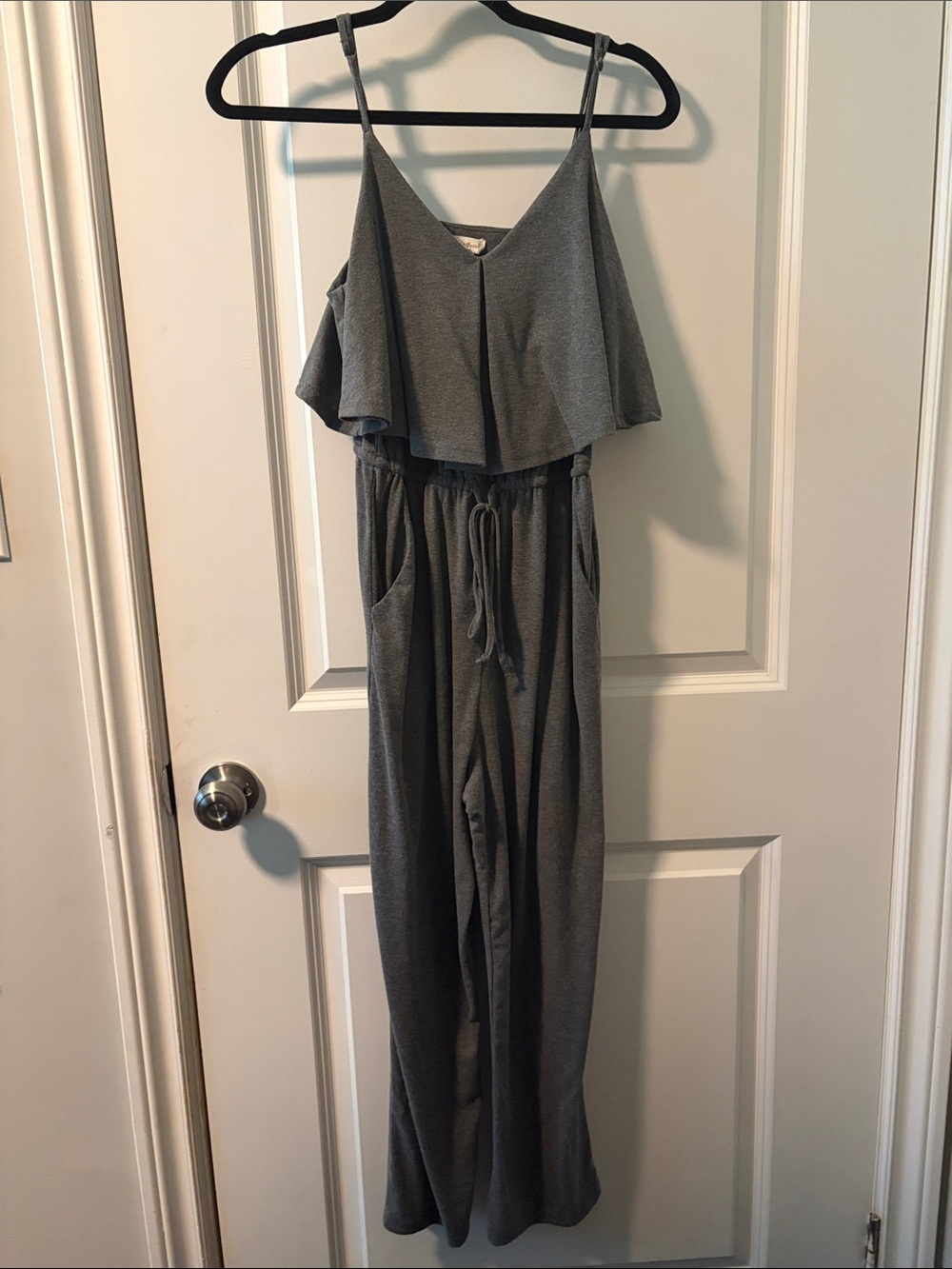 Hem & Thread Gray Off-Shoulder Spaghetti-Strap Jumpsuit with Drawstring Waist